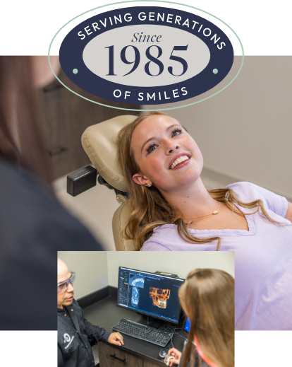 Collage of a woman at an appointment with her oral surgeon