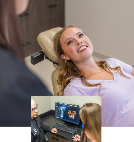 Collage of a woman at an appointment with her oral surgeon