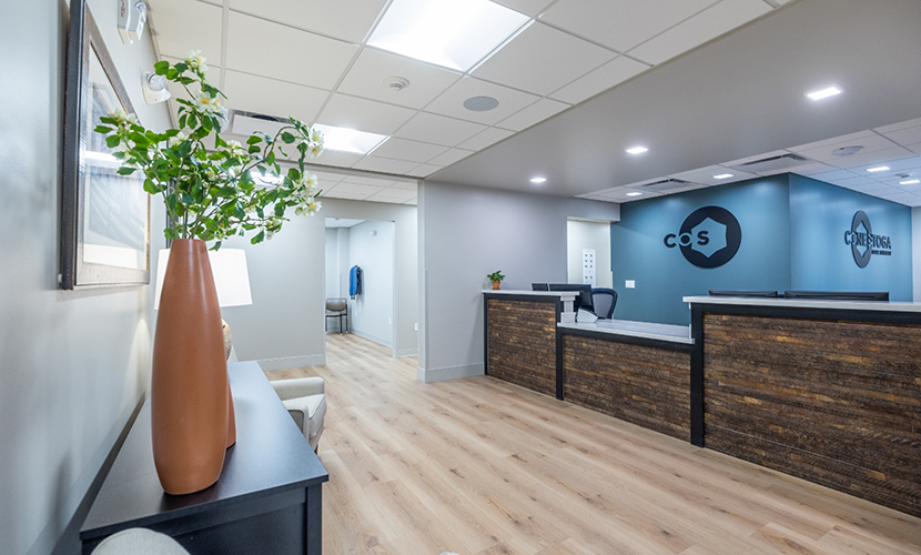 Soothing reception area in oral surgery office in Lancaster