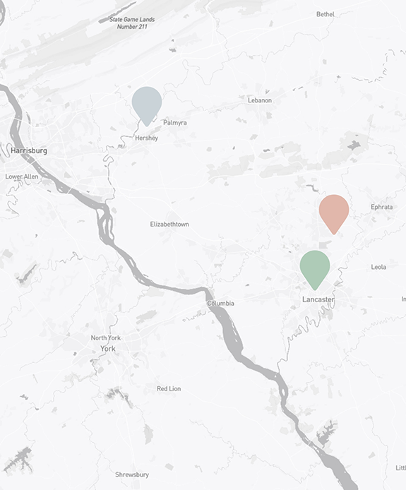 Map showing locations of oral surgery offices in Lancaster Hershey and Lititz